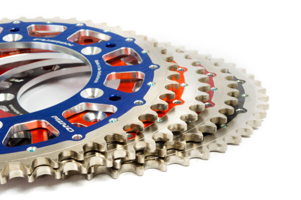 MINO Fusion dual ring rear sprockets in red, blue and orange for KTM Husqvarna and GasGas dirt bikes