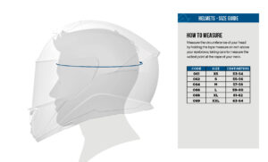 Acerbis helmet size guide showing head measurement method and helmet size chart in centimetres — CCES Australia